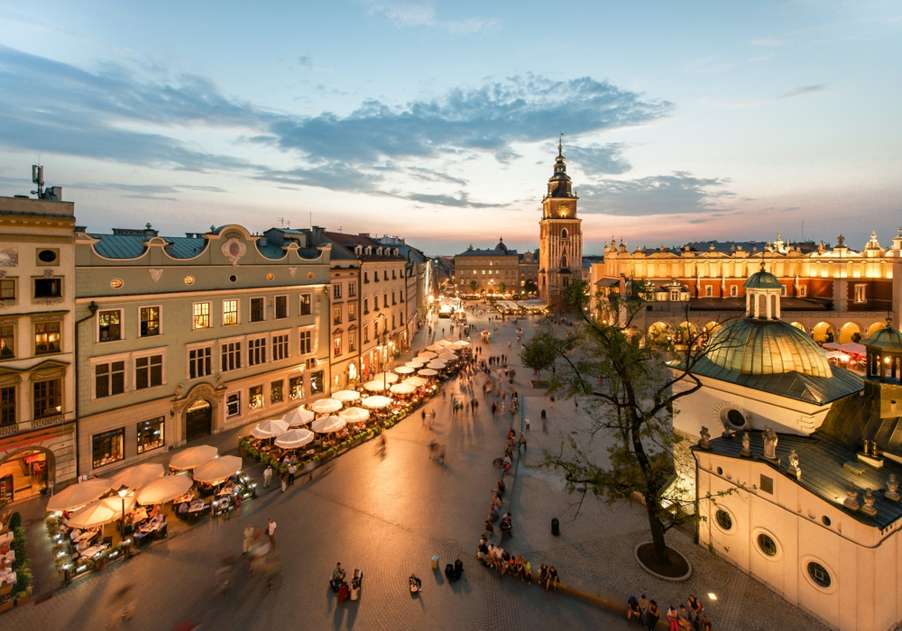 Amazing View of the town square and market hall in Krakow Poland