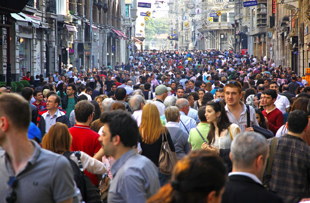 People walking on Istiklal Street on May 5, 2012 in Istanbul, Turkey. It is the most famous street in Istanbul, visited by nearly 3 million people in a single weekends day