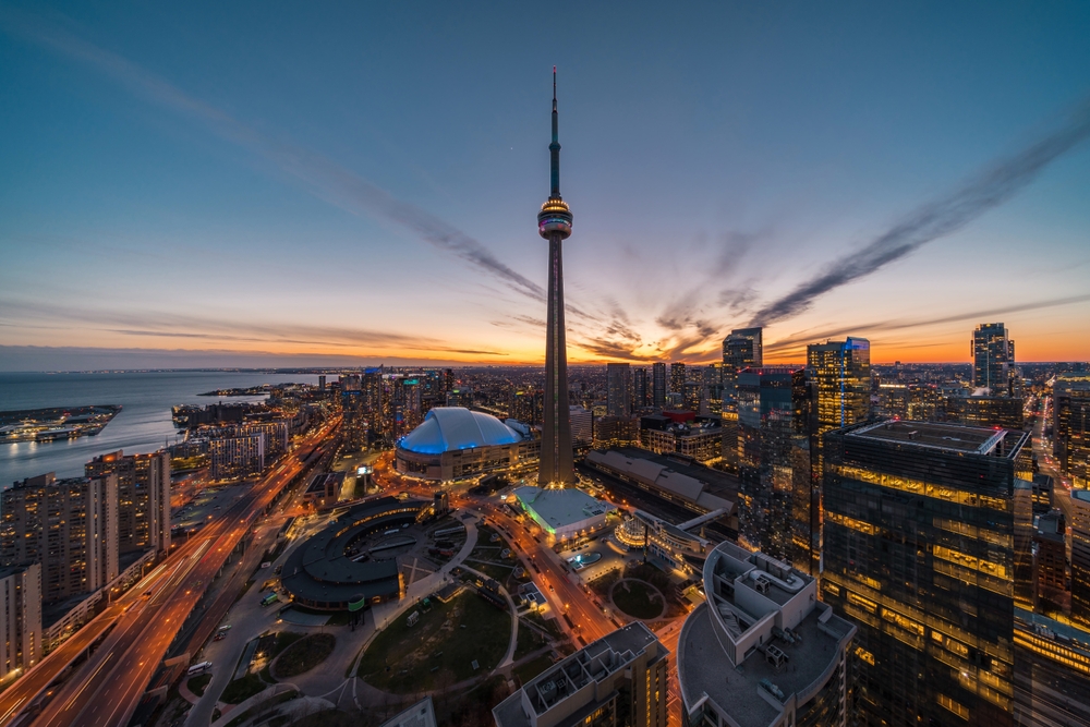 Panoramic view of Toronto financial district and Harbourfront at dusk in Toronto, Ontario, Canada.