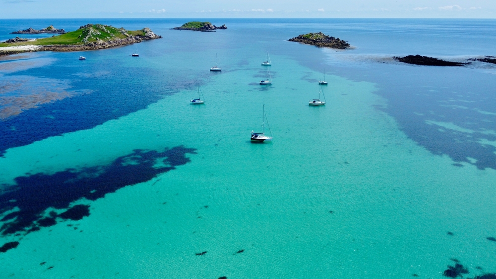 DRONE PICTURE OF THE EASTERN ISLES IN THE ISLES OF SCILLY UK