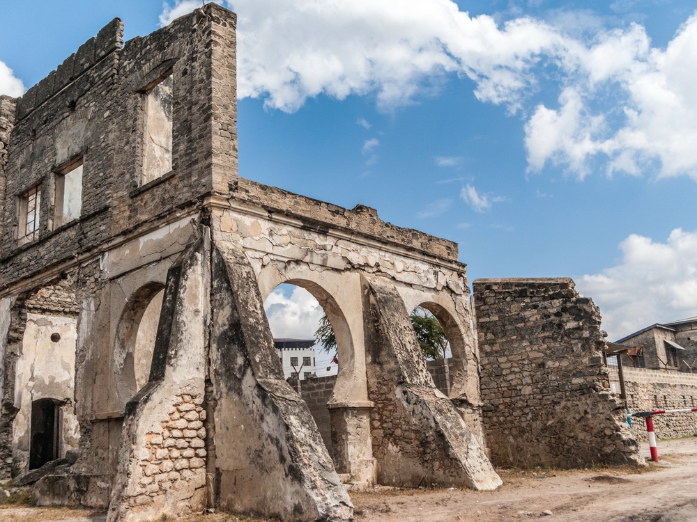 old historic ruins of mosques from the 13th century near the ocean in Bagamoyo, Tanzania, the former german colony