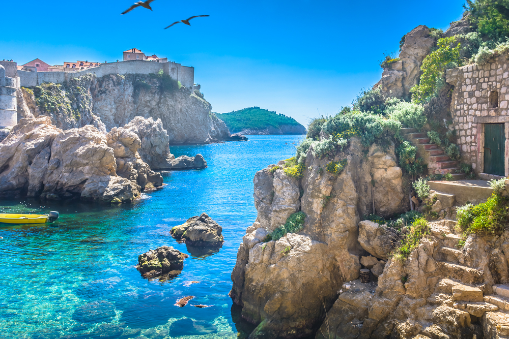 Marble hidden bay in old city center of famous town Dubrovnik, scenery of Game of Thrones, Croatia Europe travel resorts.