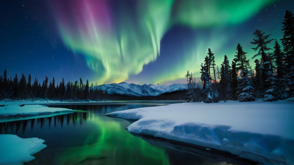 breathtaking scene of the Northern Lights dancing over a frozen lake in a remote wilderness