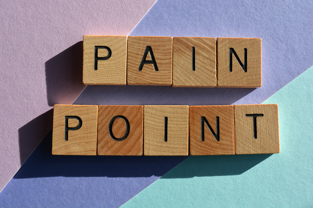 Pain Point, buzzword phrase in wooden alphabet letters isolated on colour background