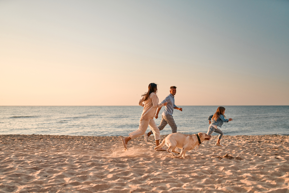 Happy family concept. Young attractive mother, handsome father and their little cute daughter having fun together on the beach and running with dog.