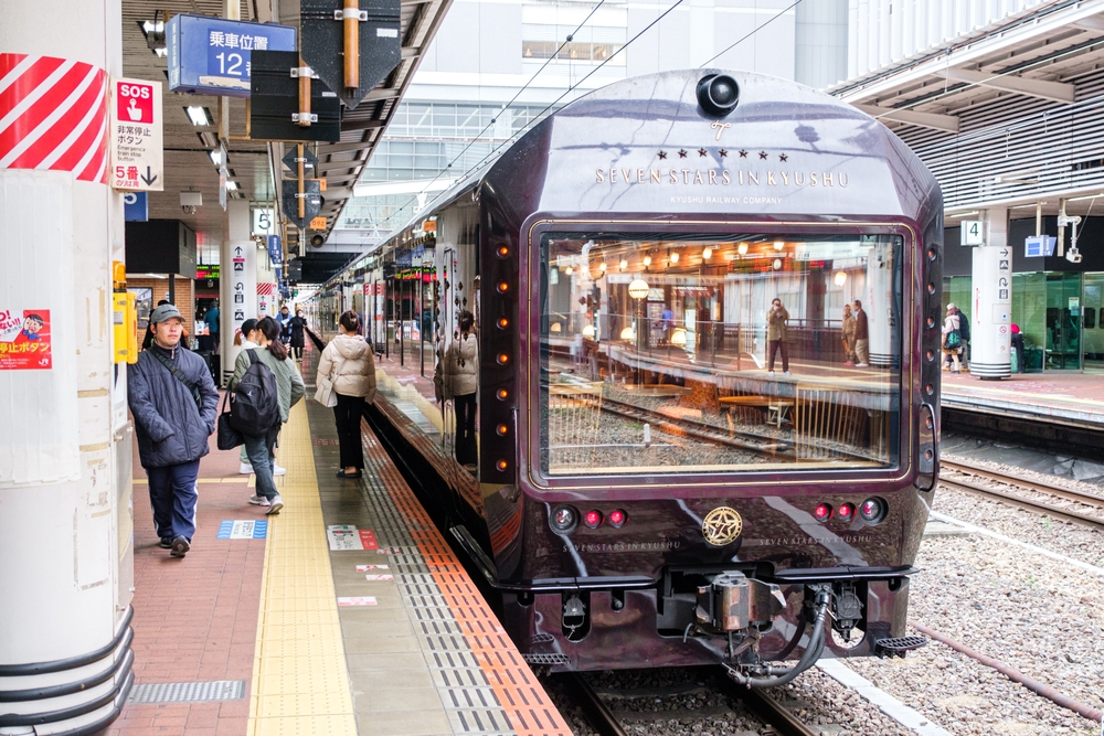 Observation car of JR Kyushu Seven Stars in Kyushu cruise train at Hakata Station. It is a luxury sleeper train travel around the seven prefecture in Kyushu