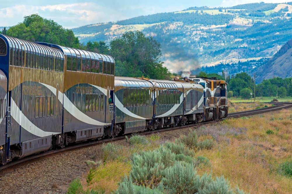 Rocky Mountaineer train with locomotive in Kamloops, British Columbia, Canada.