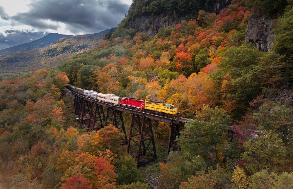 Scenic train at Trestle bridge in North Conway in Autumn, New Hampshire