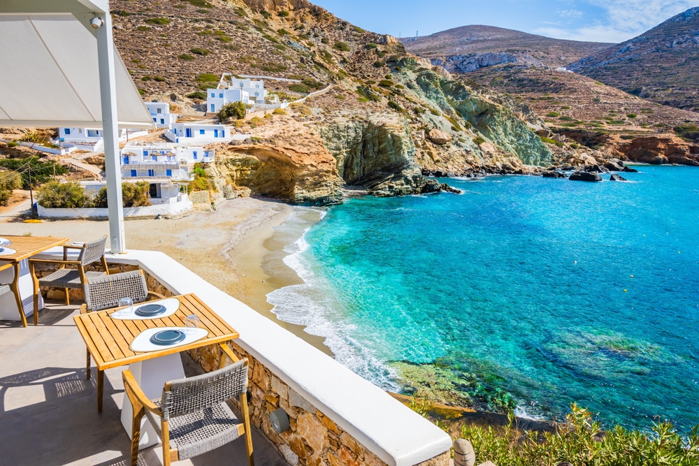 View of Agkali beach with beautiful sea bay from restaurant terrace, Folegandros island, Cyclades, Greece