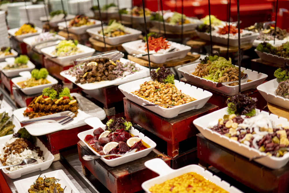 Turkish dinner buffet concept, night meal time in luxury hotel, snacks on the table, buffet restaurant, the hotel restaurant