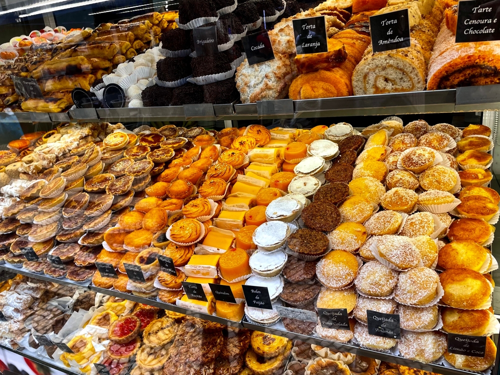 Portuguese pastries in a display case in Lisbon.