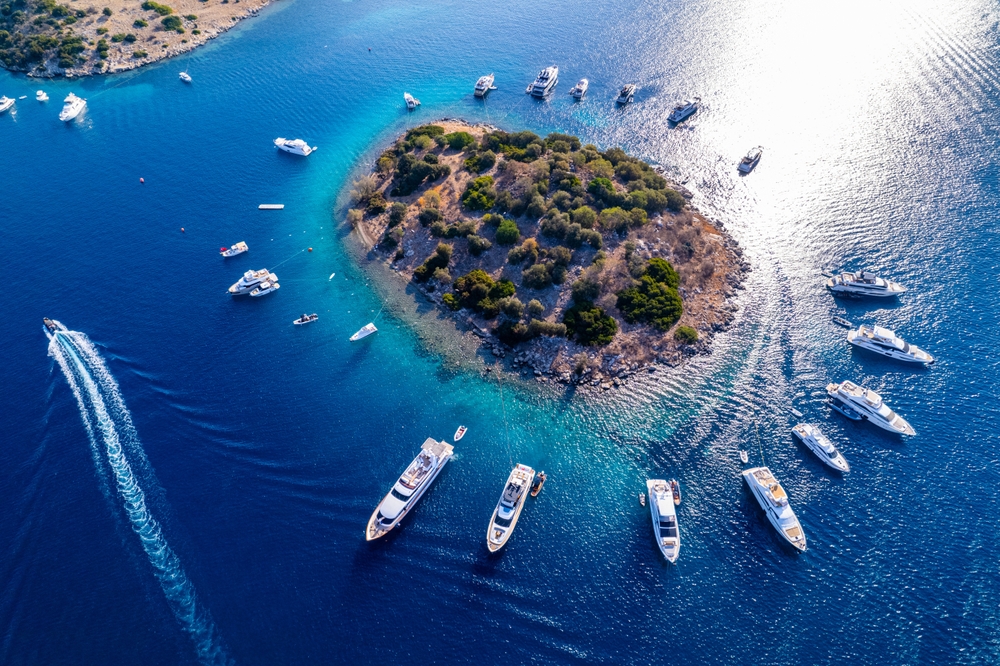 Turkbuku Bay of Bodrum. Mugla, Turkey. Aerial panoramic view of Turkbuku (Golturkbuku). 