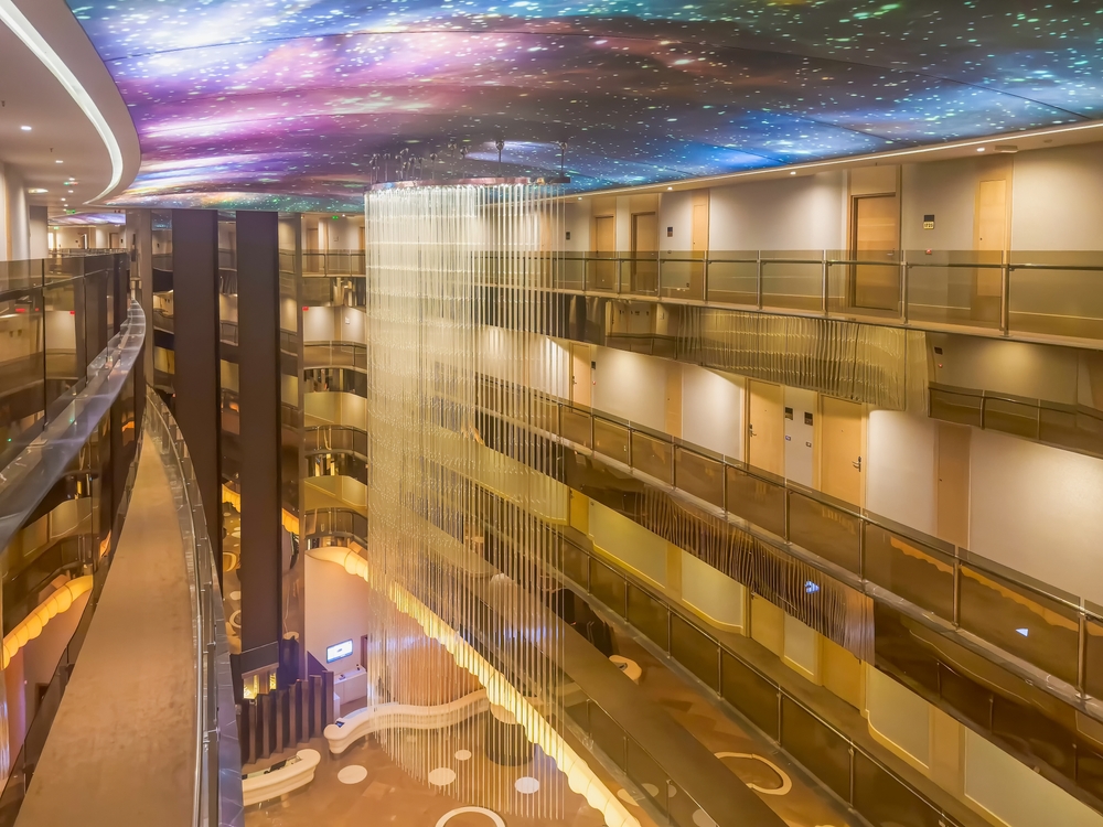 The beauty of architectural buildings in Turkey. Interior shot of a luxury hotel lobby in the evening. Maxx Royal Resort