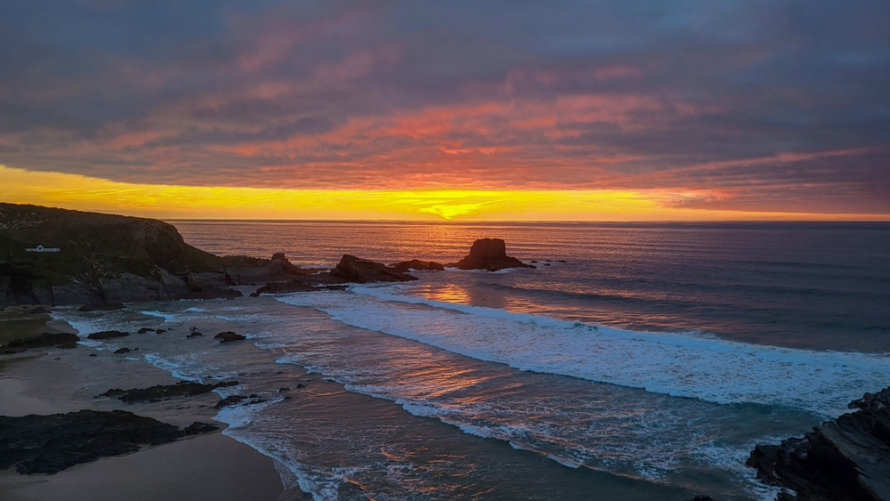 Sunset Zambujeira Do Mar Beach, Alentejo, Portugal. Portugal Hiking Rota Vicentina the Fisherman's Trail Along the Alentejo Coastline to Wild and Rugged Beaches Narrow Cliff Side Paths.