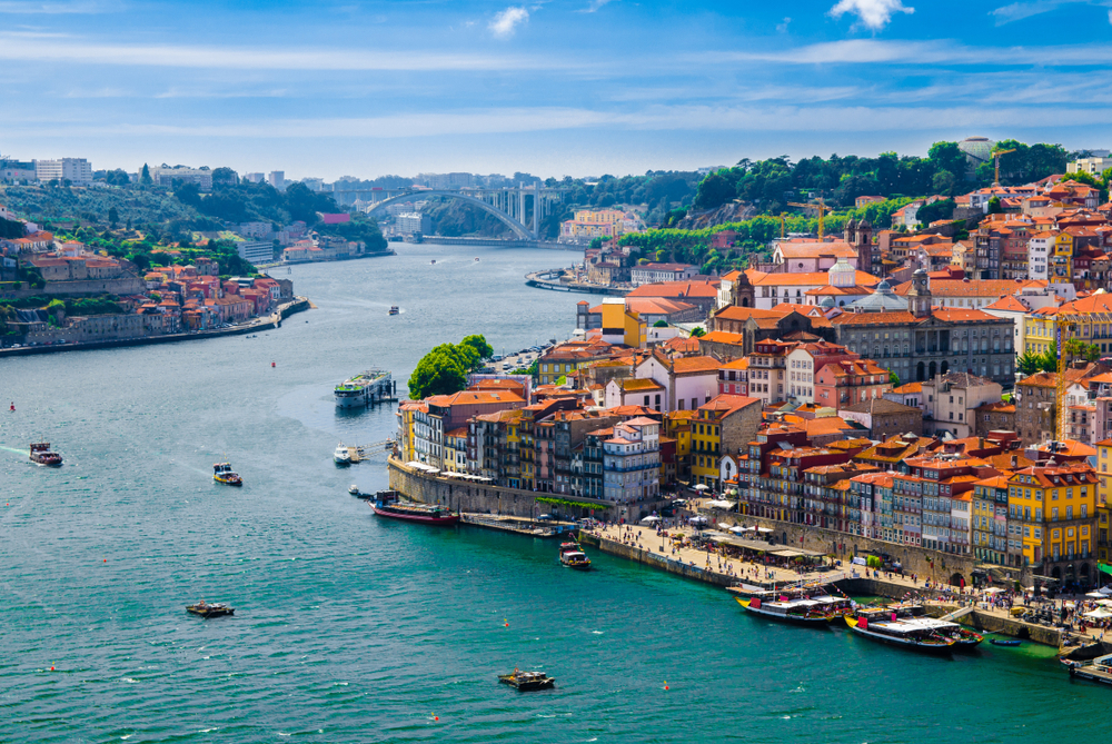 Panoramic view of Old Porto Oporto city and Ribeira over Douro river from Vila Nova de Gaia, Portugal