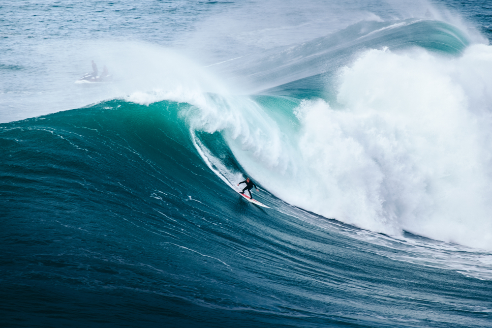 surfing big waves in Nazare, Portugal