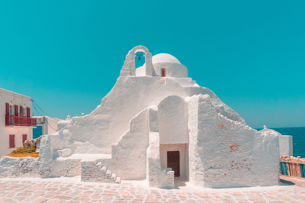 Beautiful Church of Panagia Paraportiani ("Our Lady of the Side Gate")—the most popular orthodox church of the whole island of Mykonos, Cyclades, Greece.