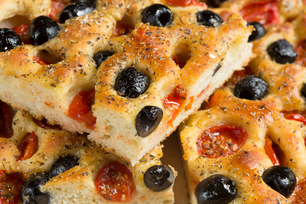 Focaccia pugliese - Fresh baked focaccia bread with tomatoes and olives