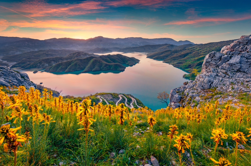 Fantastic sunrise on Bovilla Lake, near Tirana city located.