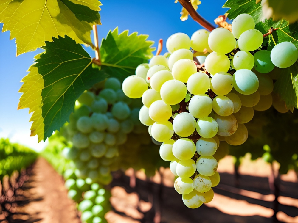 A bunch of white grapes between the grape leaves in a vineyard of Güímar, Tenerife, Canary Islands, Spain, Marmajuelo or Bermejuela grape variety