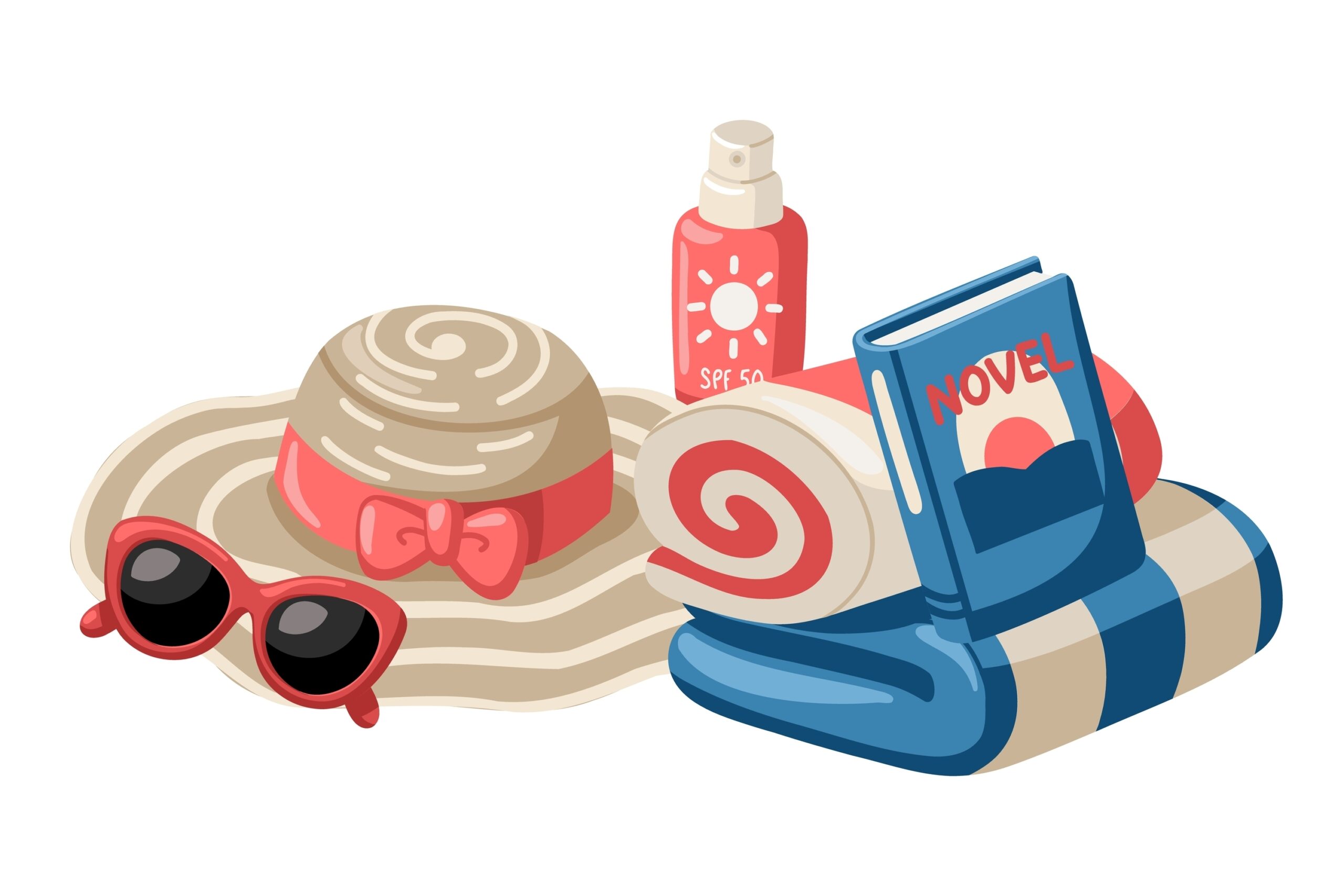 Summer beach essentials with hat, sunglasses, sunscreen, striped towels and novel book. 