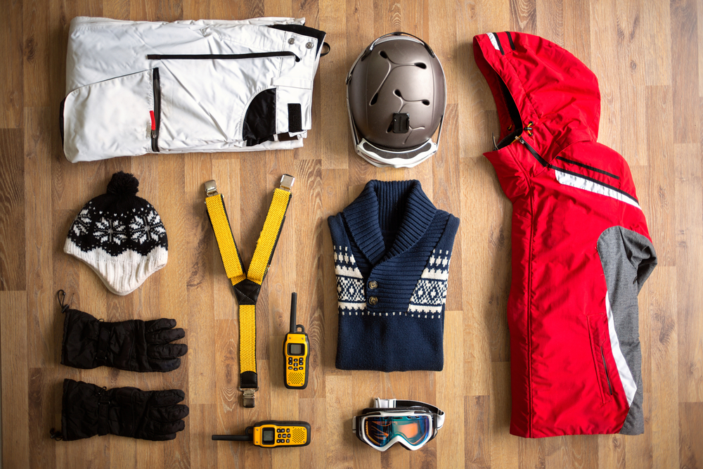 top view travel items on the floor for mountain trip