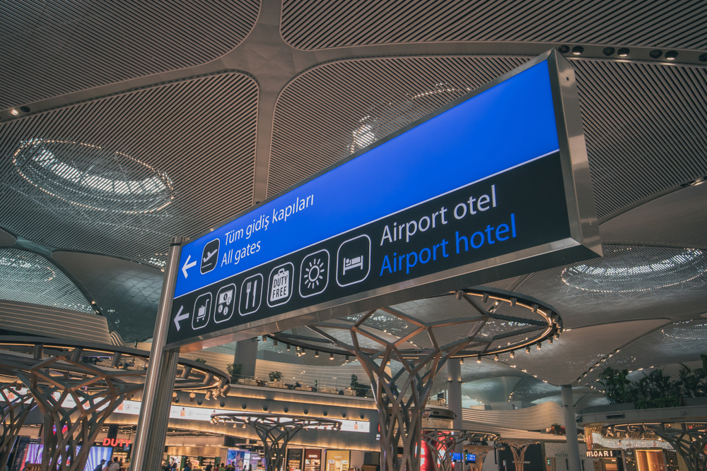 Sign board for gates and airport hotel in newly built Havalimani IST airport in Istanbul.