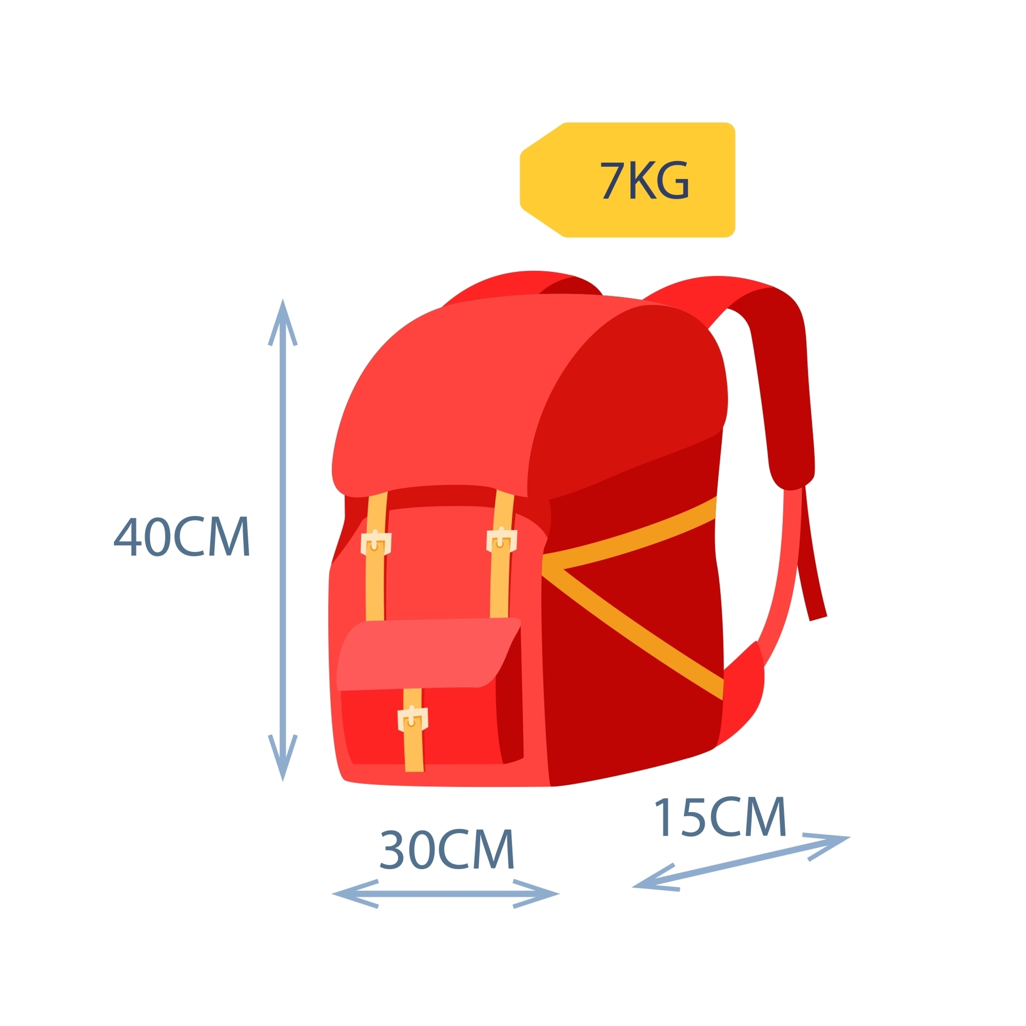 Baggage allowance. Backpack with dimensional arrows weight tag.