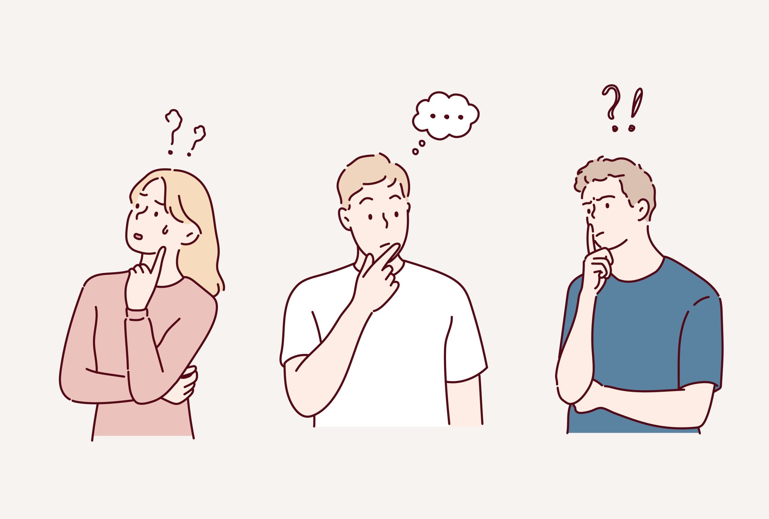 Confused men and women in doubts and thoughts.