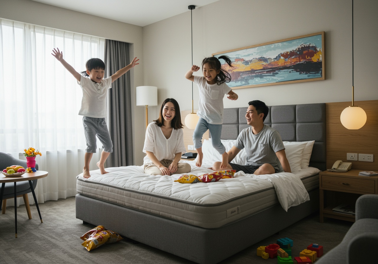 Family asian fun staycation at hotel with children jumping on bed