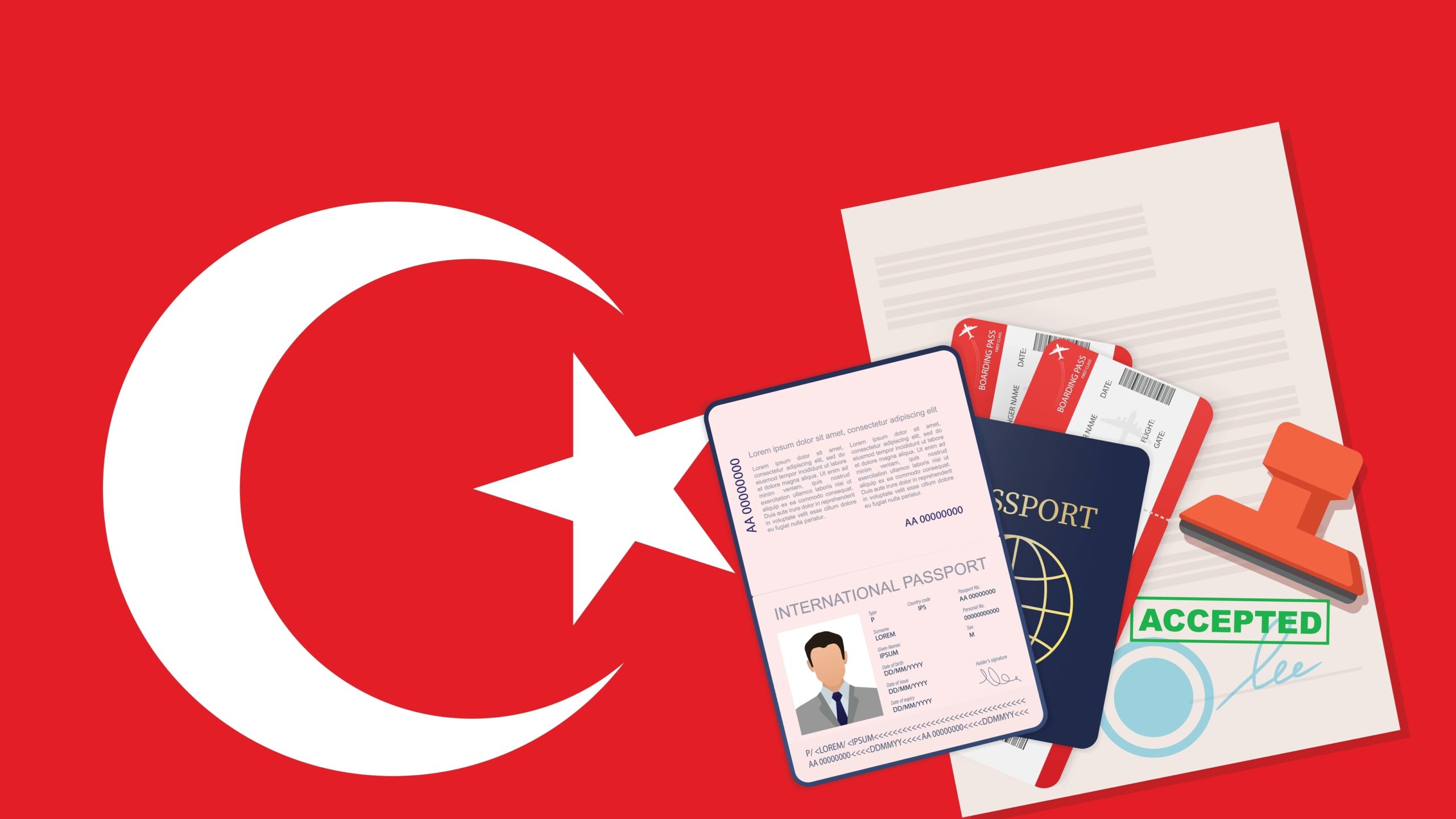 Visa to Turkey and Passport. Turkish Flag Background Vector