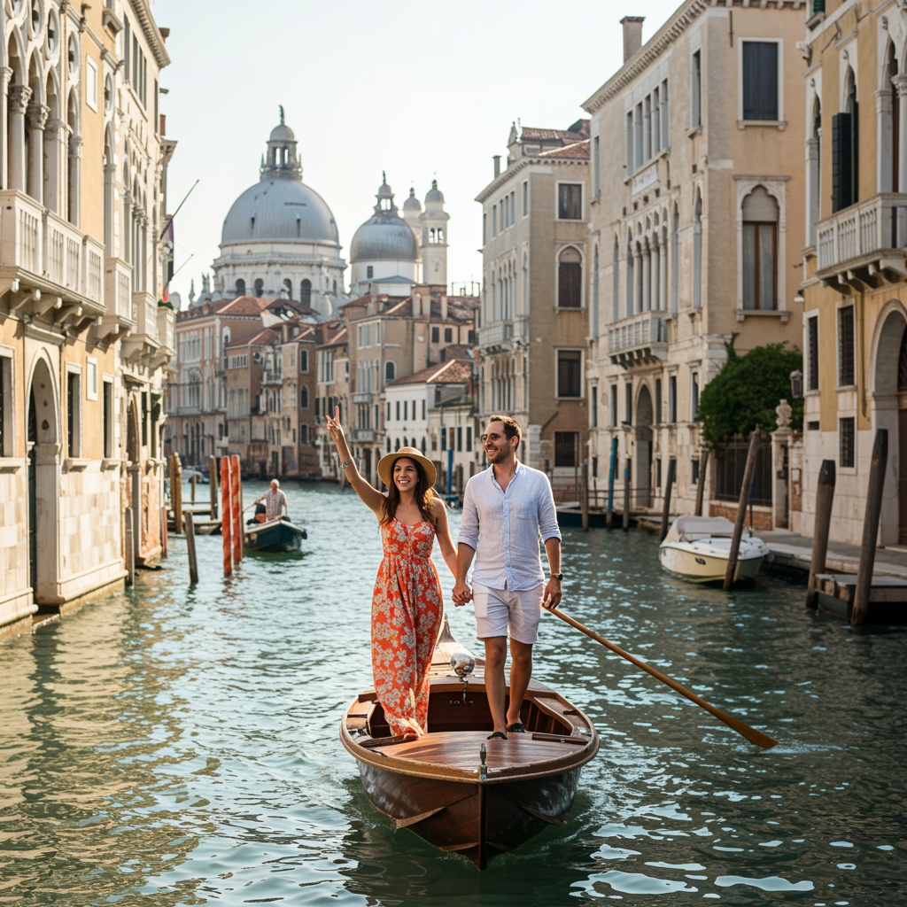Outdoor photo of a tourist couple in venice on sunny day