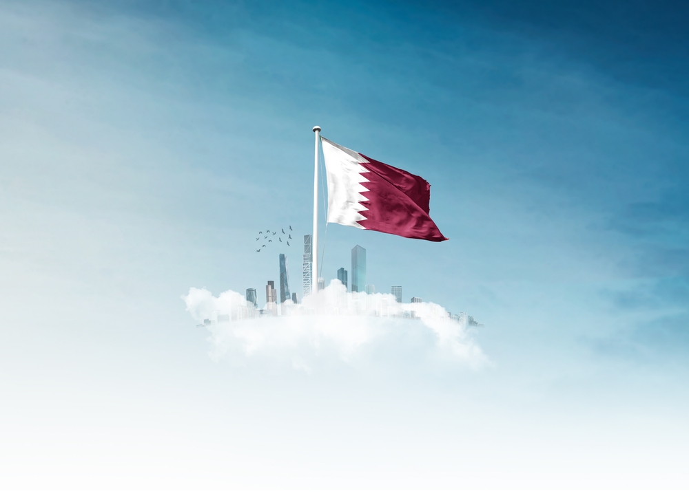 Qatar flag waving in beautiful sky with futuristic building. Qatar national flag with mast.